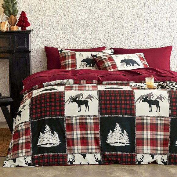 Brand New 3 PC Rustic Woodland Moose & Bear Plaid Patchwork Comforter Set • KING - Picture 7 of 8